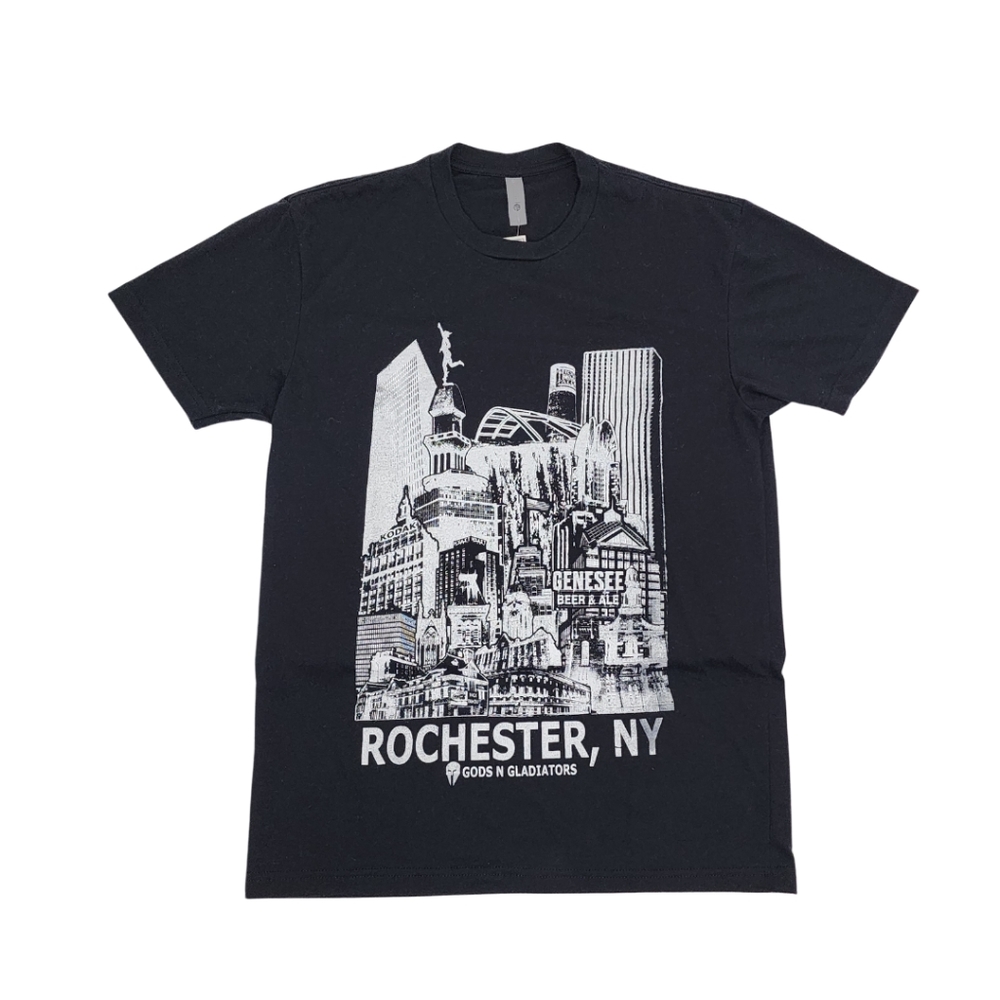 Gladiator Art & Apparel.  Original Graphic of Rochester, NY Skyline T-Shirt.
